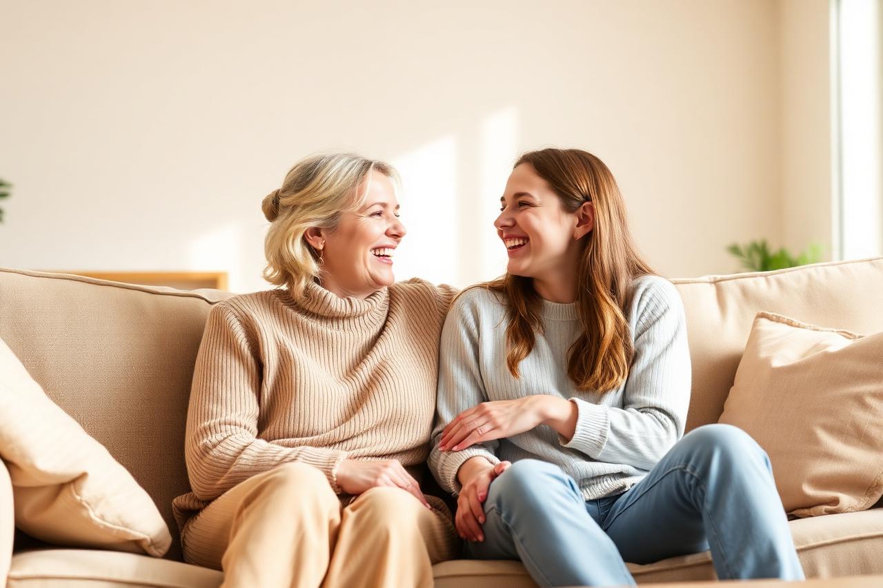 A parent and teenager talking warmly together on a sofa