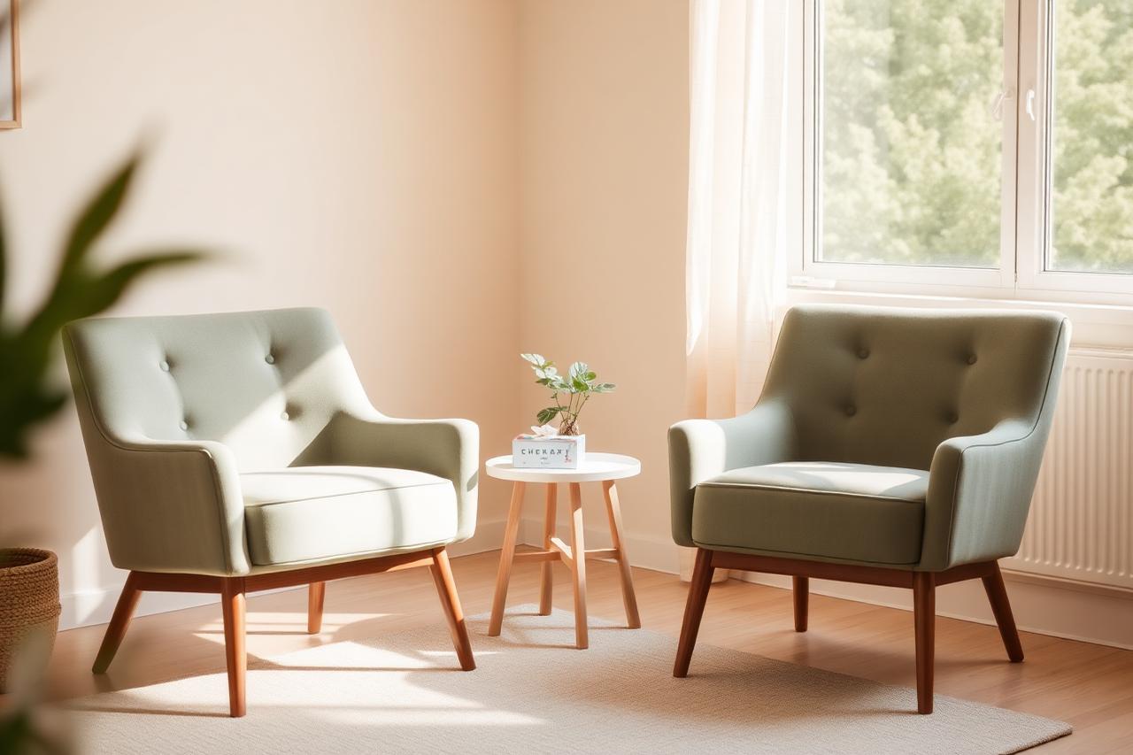 A calm, sunlit therapy room with two comfortable armchairs